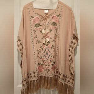 Chico's Floral Embroidered Tan Poncho